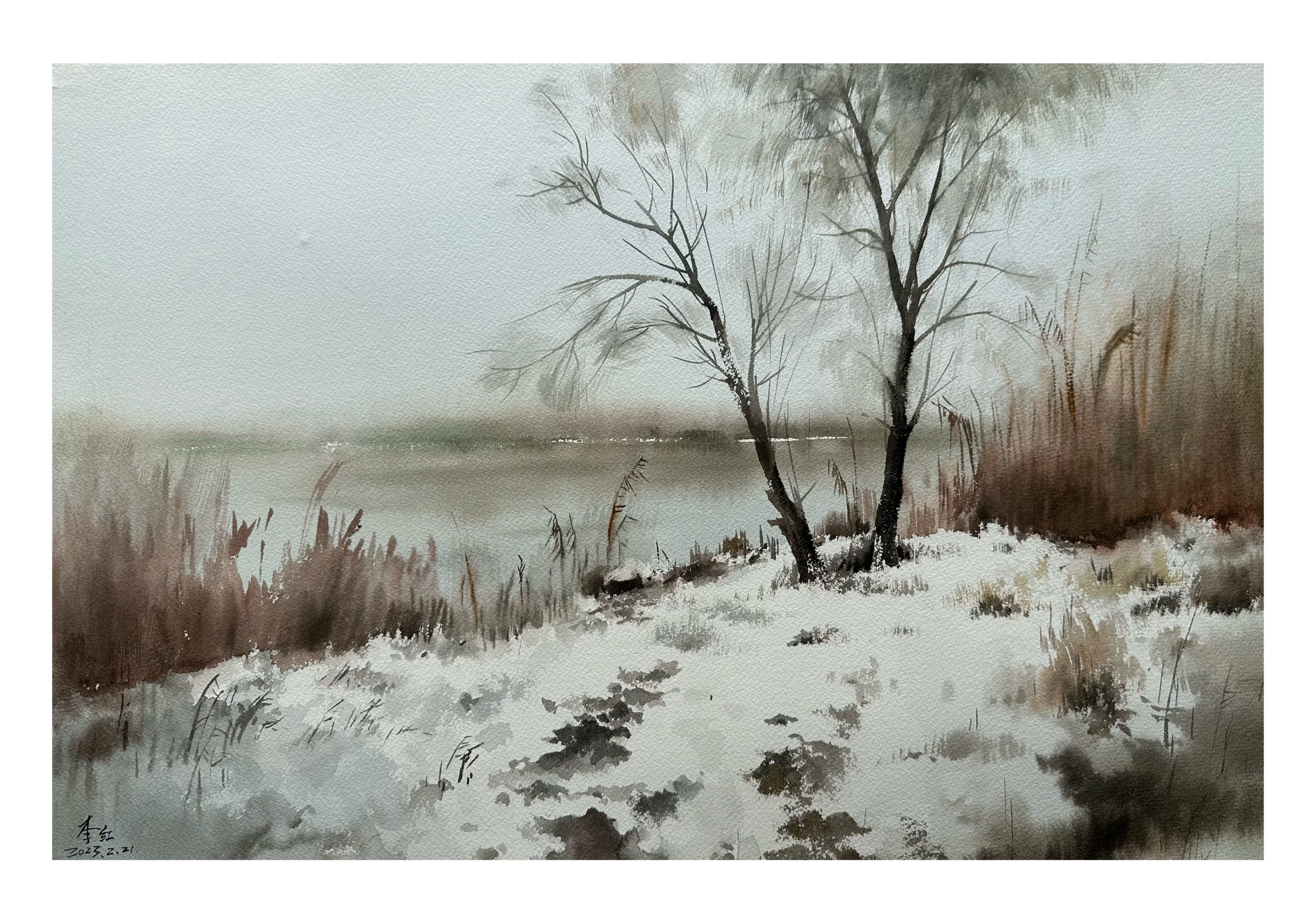 《《寒岸初雪 》》，李红作品