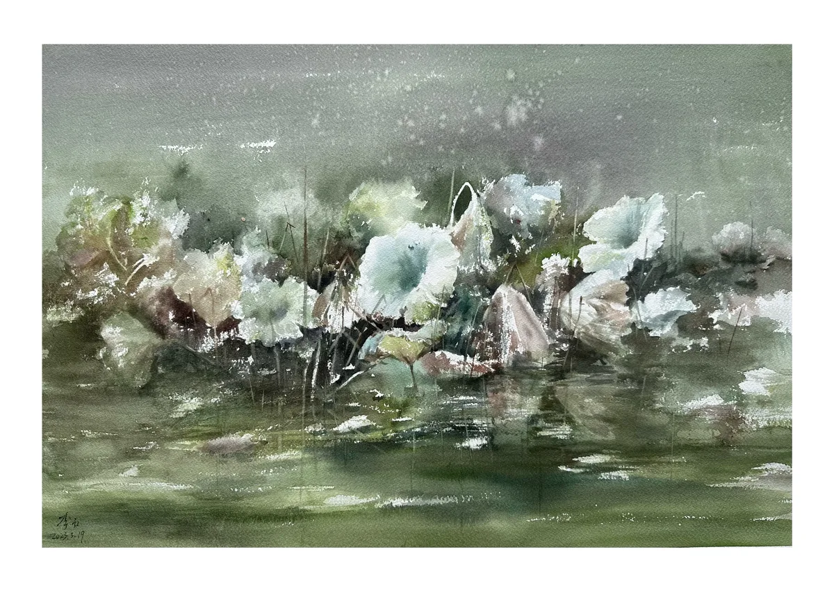 《 秋荷听雨》，李红作品