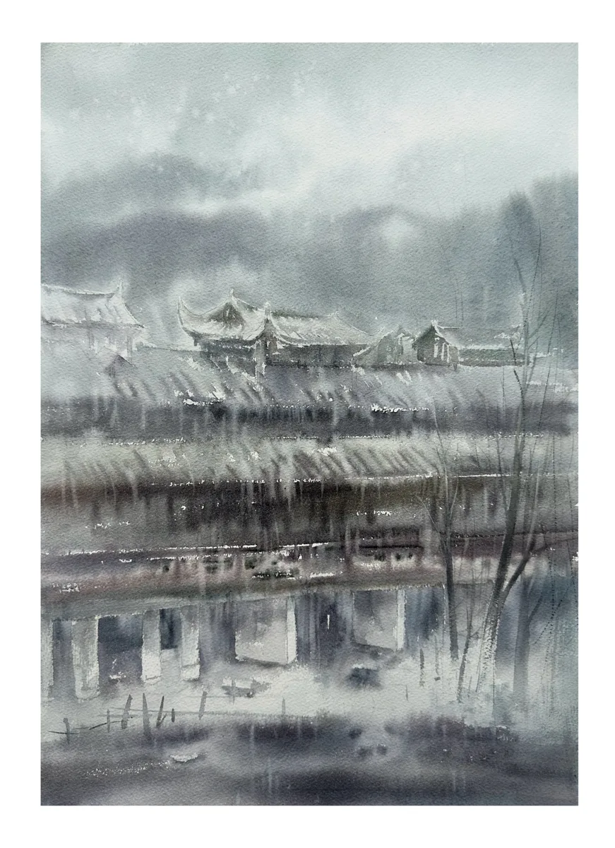 《 烟雨古廊》，李红作品