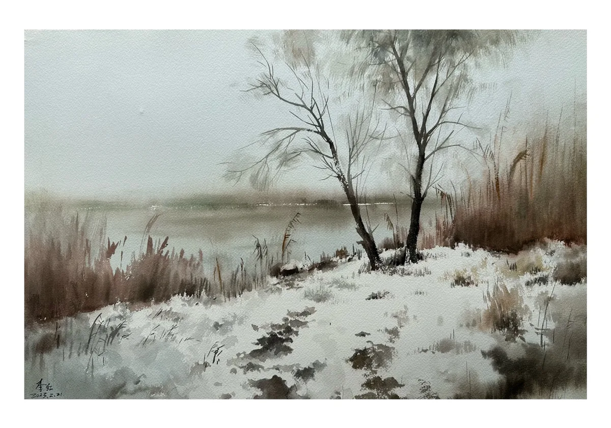 《寒岸初雪 》，李红作品