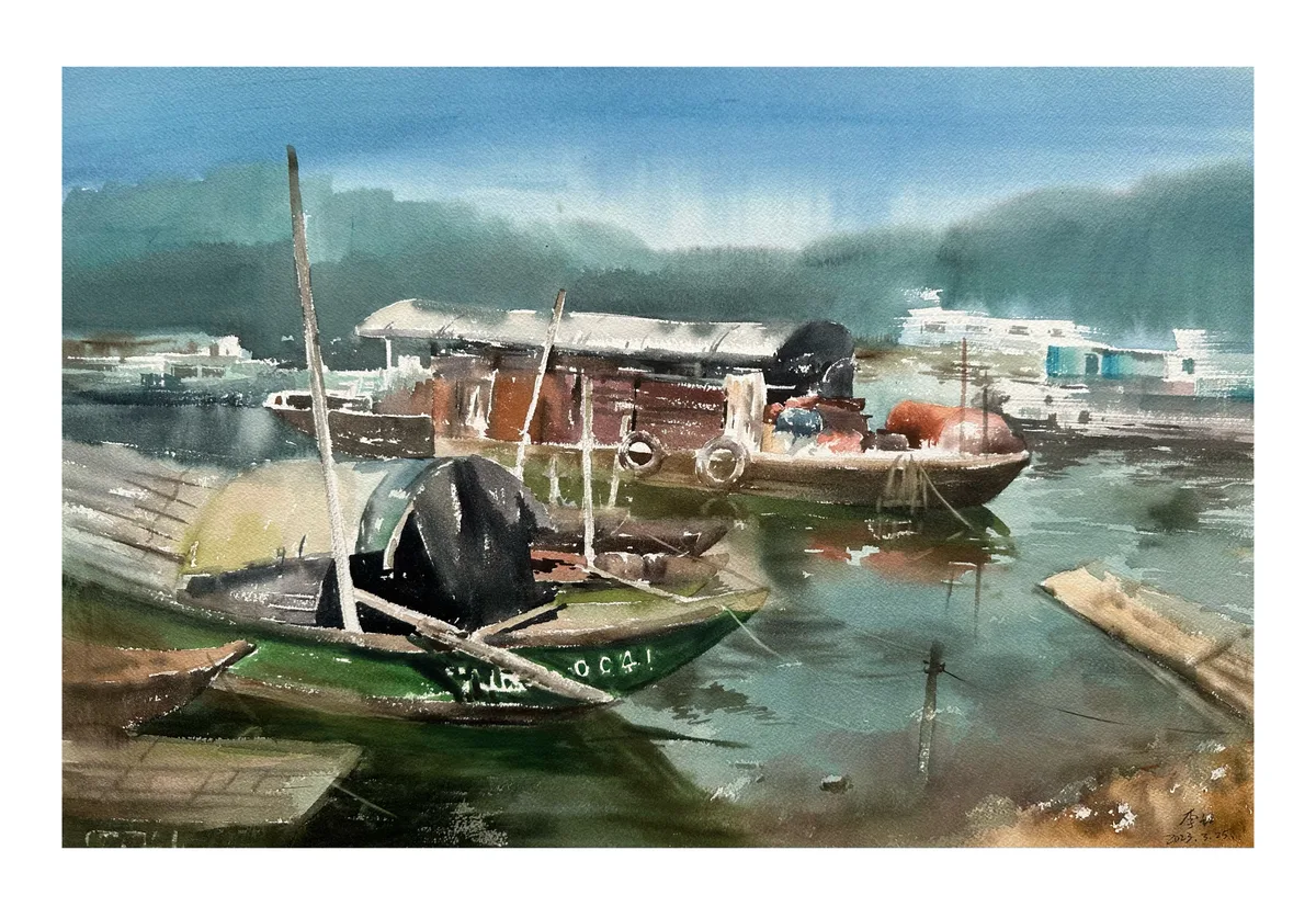 《江畔泊舟》，李红作品